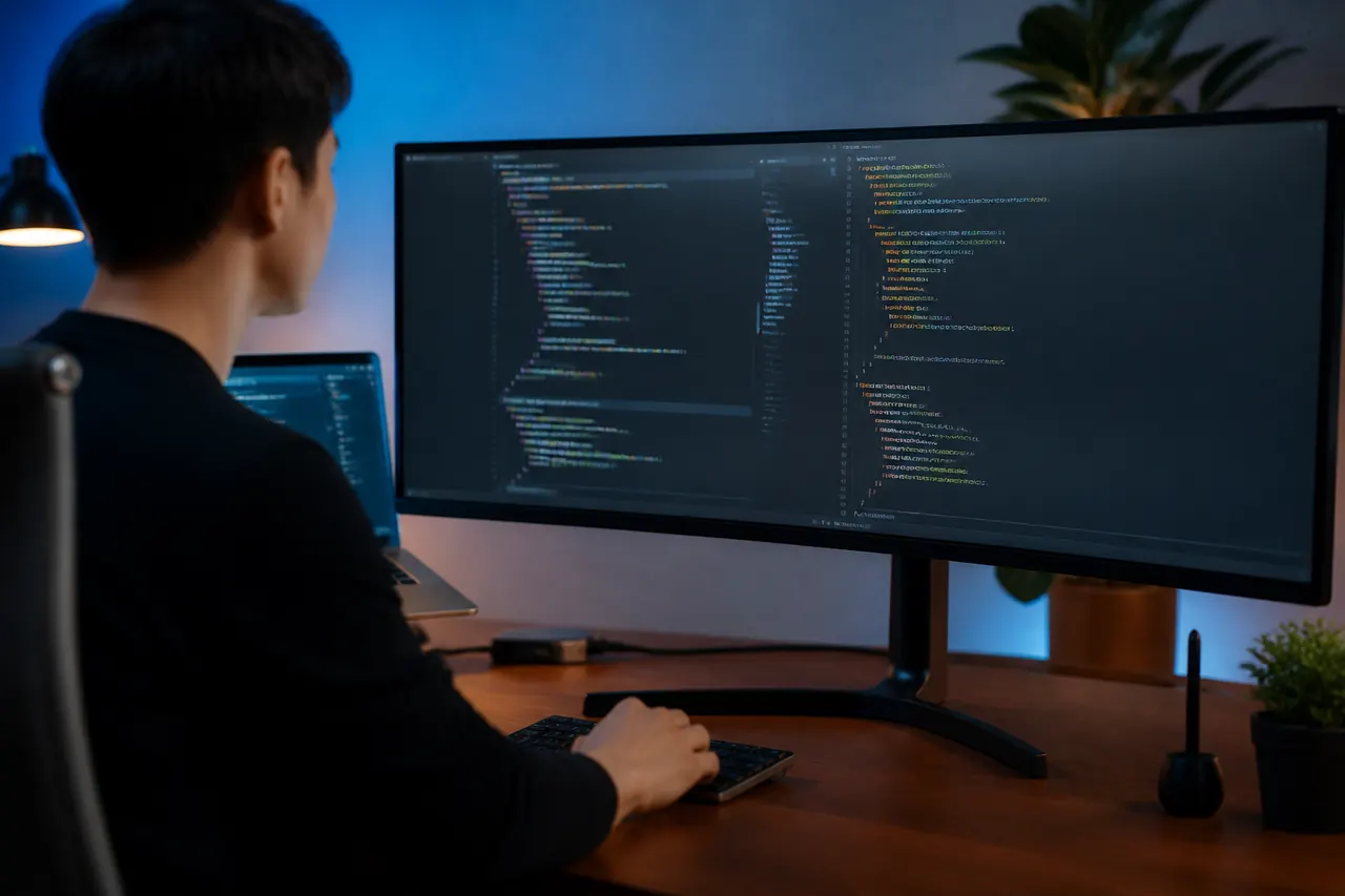 BuilderIO agent-native 시작하기: CLI 템플릿 프로젝트 생성과 defineAction 작성법 2 defineAction과 Zod 스키마 코드가 표시된 모니터와 개발자 작업 공간