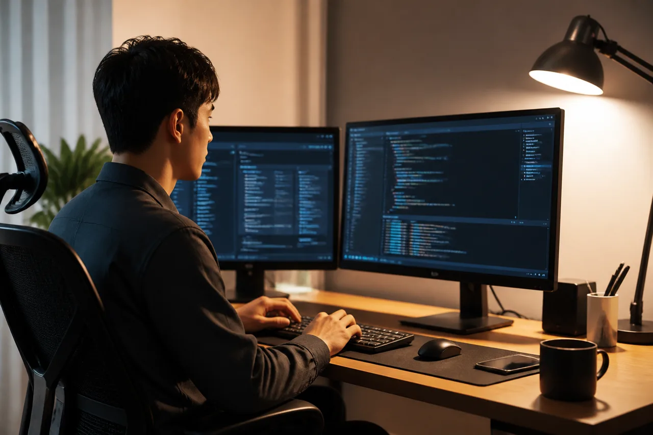 Gemini CLI 설치 및 API 키 연동 가이드: Node.js 20 환경 설정 2 개발자 작업 공간 모니터에 표시된 환경 변수 설정 화면